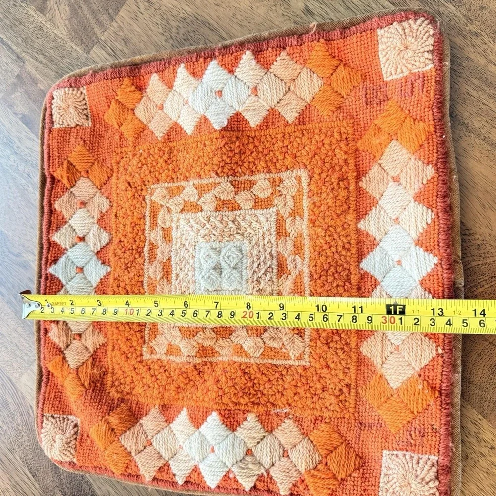2 X Vintage Mid Century Pillow Covers 1976 Needlepoint Orange Geometric MCM